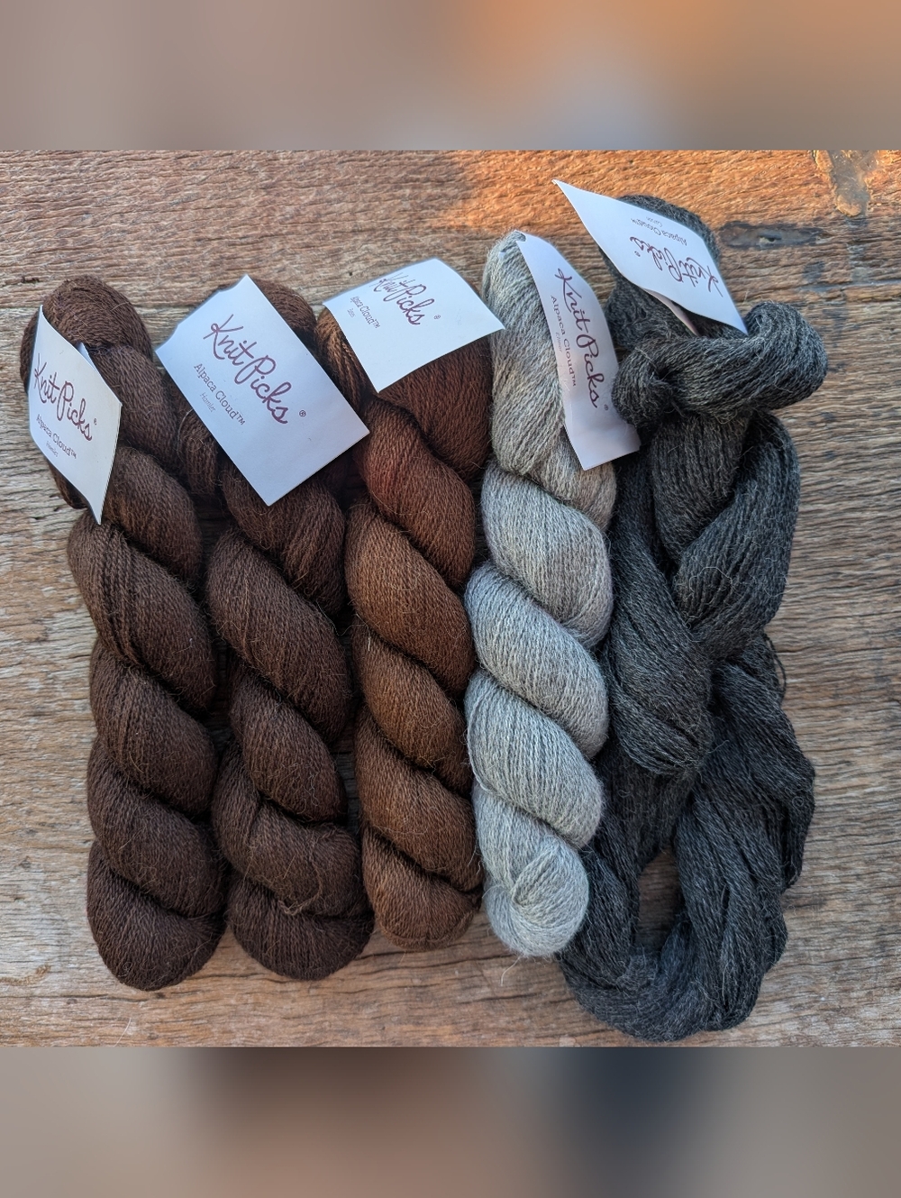 Knit Picks Yarn Baby Alpaca Cloud in Browns, Gray, and Charcoal